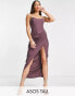 Фото #2 товара ASOS DESIGN Tall corset bandeau midi dress in washed fabric with drape detail skirt in wine