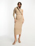 ASOS DESIGN one shoulder draped hood midi dress in mocha brown