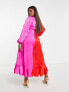 Flounce London Plus satin balloon sleeve ruffle midi dress in contrast pink and red