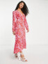 ASOS DESIGN Tall hi low hem midi dress in pink and red splice floral print