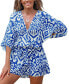 Women's Blue Abstract V-Neck Wide Leg Romper