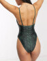 Brave Soul square neck swimsuit in dark green snake print