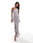 Flounce ruched mesh maxi dress with frill detail in grey