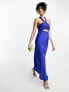 ASOS DESIGN satin halterneck twist maxi dress with cut out front in blue