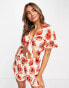 Фото #1 товара Monki relaxed playsuit with tie front and frill sleeves in poppy print