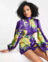 Фото #2 товара ASOS DESIGN satin puff sleeve playsuit in oversized wild flower print