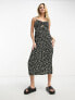 New Look ruched front strappy midi slip dress in black ditsy floral