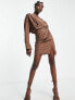 Фото #7 товара ASOS DESIGN cuffed long sleeved satin mini dress with pleat detail skirt in chocolate