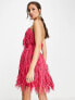 ASOS DESIGN mini bandeau dress in shredded chiffon with belt detail in pink