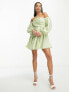 ASOS DESIGN Petite washed off shoulder balloon slv mini dress with wrap corset detail in sage green