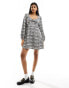 Pieces balloon sleeve mini tea dress in black and white print