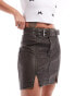 Pimkie distressed leather look belted mini skirt with front splits in brown