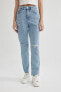 Фото #1 товара Mary Vintage Straight Fit Yırtık Detaylı Yüksek Bel Paça Ucu Kesik Bilek Boy Jean Pantolon