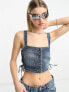 Stradivarius STR denim crop top with lace up side in washed blue