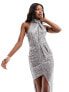 ASOS DESIGN high neck sequin midi dress with trim detail in silver