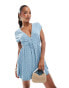 ASOS DESIGN crinkle short sleeve v neck tie front mini tea dress in blue polka dot