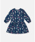 Toddler Girls Printed Long Sleeve Dress Navy Blue With Kitten - Toddler|Child