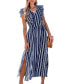 Women's Blue Boho Striped Ruffled V-Neck Maxi Beach Dress