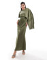 Фото #1 товара ASOS DESIGN satin overlay maxi dress with stitch detail in khaki