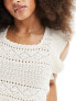 Miss Selfridge crochet frill sleeve detail open back contrast bow top in cream M - фото #5