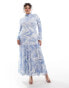 Фото #1 товара ASOS DESIGN Curve mesh high neck long sleeve a-line maxi dress in blue abstract print