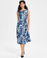 Women's Twist-Neck Belted Midi Dress Black/Blue Heron Multi, 14 - фото #1