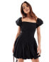 Фото #1 товара ASOS DESIGN Shirred bodice mini dress with puff sleeves and hem in black