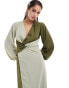 Pretty Lavish knot front contrast midi dress in olive and sage