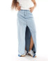 ONLY Petite denim maxi skirt with frayed hem in blue