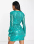 NaaNaa sequin long sleeve dress with tie detail in teal