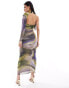 Фото #4 товара ASOS DESIGN mesh wrap around one shoulder midi dress with gauged skirt in abstract swirl print