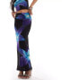 Kaiia mesh column maxi skirt co-ord in black and blue flower print