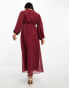 Фото #4 товара ASOS DESIGN Petite pleated metallic dobby chiffon wrap button detail maxi dress in burgundy