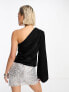 & Other Stories one shoulder top with draped tie neck and fluted sleeve in black