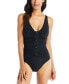 Фото #3 товара Women's Solid V-Neck Button-Detail One-Piece Swimsuit