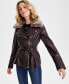 Women's Faux-Fur-Trim Faux-Leather Asymmetric Belted Moto Jacket Dark Coffee Muti, M - фото #2