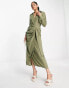 Фото #8 товара ASOS DESIGN collared midi dress ruched tie waist in khaki