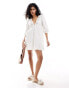 Фото #1 товара Miss Selfridge linen blend cutwork lace insert smock dress in ivory