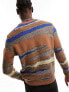 ASOS DESIGN fluffy oversized jumper with abstract stripes in brown with texture