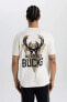 Фото #7 товара DeFactoFit NBA Milwaukee Bucks Bisiklet Yaka Ağır Kumaş Tişört