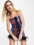 Amy Lynn multi striped sequin mini dress with feather trim