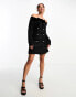 Фото #4 товара Miss Selfridge bardot boucle mini dress with velvet trim in black