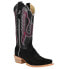 R. Watson Boots Rough Out Black Embroidered Square Toe Cowboy Womens Black Casu