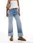 Bershka deep turn up wide leg jeans in mid blue