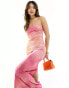 Rare London mesh bandeau maxi dress in pink and orange ombre