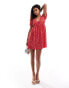 Monki mini dress with puff sleeves and tie front in red ditsy print Rot/Gepunktet, 42 - фото #1