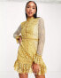 ASOS DESIGN lace mini dress with contrast detail and pep hem in mustard горчично-желтый, US 2 - фото #8