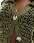 In The Style crochet button through short sleeve shirt co-ord in olive