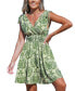 Women's Green Damask Sleeveless Smocked Waist Mini Beach Dress