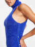 Aria Cove fluffy high neck sleeveless midi dress with cut out side detail in cobalt